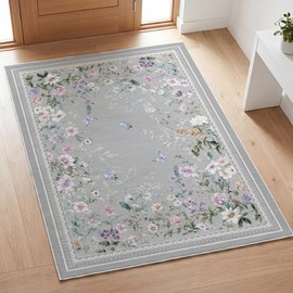 Artoid Mode Grey Butterfly Flower Spring Area Rug, Summer Home Decor Low-Profile Non-Slip Washable Large Rug for Living Room Bedroom Farmhouse Dining Room Kids Playroom 5x7 Feet