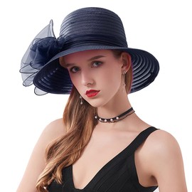Naimo Women's Organza Church Kentucky Derby Fascinator Hat Elegant Bow Wide Brim Bridal Hat Tea Party Wedding Sun Hat, navy