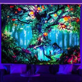 Simpkeely Blacklight Tree Fantasy Forest Fairy Tapestry, Nature Magical Elves Tapestry Wall Hanging, Trippy UV Reactive Tapestries for Bedroom - 180cm x 230cm
