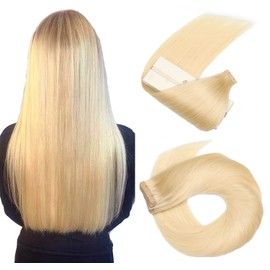 Hotlulana 100% Natural Real Hair Extensions Tape, Bleached Blonde Hair Extension, Tape-in, Remy Tape Extensions Real Hair Skin Weft Tape Real Hair Extensions 20 Pieces, 40 g, 35 cm Tape Extensions