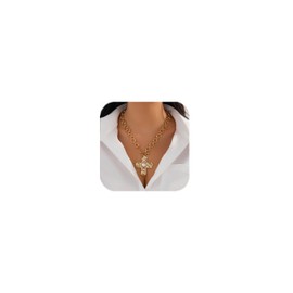 Angyape Chunky Cross Necklace for Women, Statement Hammered Bold Cross Necklace Non Tarnish Paperclip Thick Chain Vintage Layering Toggle Clasp Pendant Choker Jewelry（Pearl Gold）