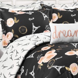 Lush Decor Vintage Paris Rose Butterfly Script Reversible Comforter 5 Piece Set Twin/Twin XL Black - Dorm Bedding Twin XL Comforter - Paris Dorm Decor