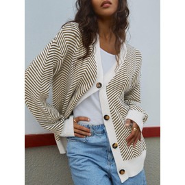 Dokotoo Women's Cardigans Long Sleeve Open Front Winter Knit Womens Cardigan Striped Color Block Casual Ladies Lightweight Knitted Outwear Coats Jacket Sweaters Khaki Stripe M UK 12 14