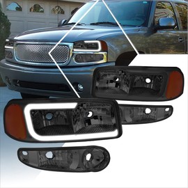 PM PERFORMOTOR [4Pcs] LED DRL Headlights Assembly+Bumper Lamps Compatible with 00-06 Sierra Yukon Denali,Smoked Lens/Amber Corner