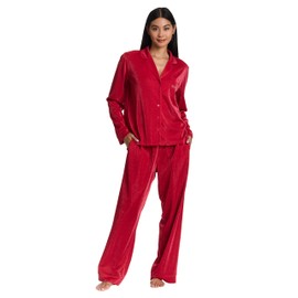 bebe Women’s Shimmer Notch Collar Long Sleeve Pajama Set with Rhinestone Accents (Crimson, Large)