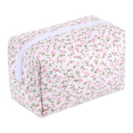 Huiguli Floral Makeup Bag, Quilted Large Capacity Travel Cosmetic Toiletry Bag, Cute Cotton Flower Travel Makeup Pouch for Women Girls, Cotton Coquette Make Up Bag, Pink