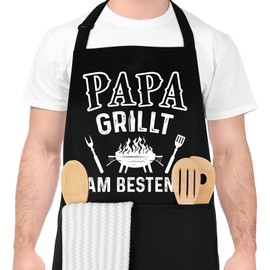Livdouyu Funny Cooking Apron for Men, BBQ Apron for Men Papa Grillt Am Besten Professional BBQ Apron Chef Husband Kitchen Apron with Double Pocket Adjustable Birthday Gift, black