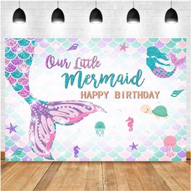 Bymivofun Mermaid Birthday Background, Kids Happy Birthday Party Background, Cartoon Birthday Banner, Vinyl Professional Photography Wall Background (5 x 3 Feet)