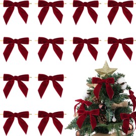 12 Pcs Red Velvet Christmas Bows for Christmas Tree, Wreath & Gift Wrapping - 3.5x3.5 Holiday Ribbon Bow Decor Crafts Wedding Party (1" W)