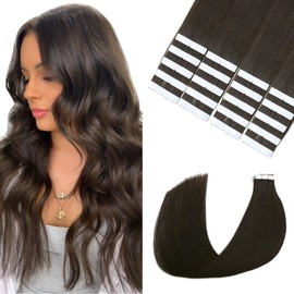 Sindra Tape-in Extensions Real Human Hair Dark Brown 20 Pieces 50 g 50 cm Invisible Tape-In Extensions Real Hair Remy Silky Straight Skin Weft T#2 20 Inches / 50 cm
