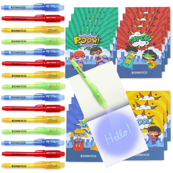 BONNYCO Invisible Ink Pen and Notebook, Pack 16 Superhero Superhero Party Bags Fillers, Pinata Toys | Birthday Decorations | Stocking Fillers for Kids Birthday | School Prizes, Gifts for Children