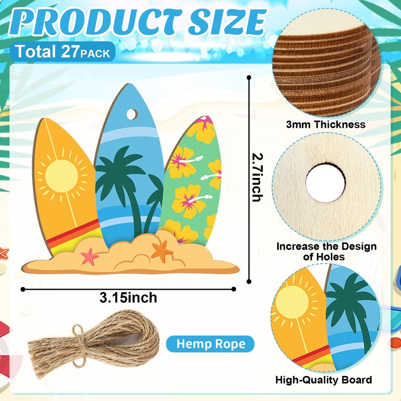 Wooden Summer Ornaments for Tree 27 PCS,9 Styles DIY Unfinished