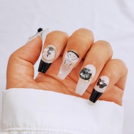 【YN.SELECTION】handmade Press on nails，coffin press on nails short，10 pcs fake nails with designs Diamond，Using high hardness nails press ons，reusable false nails★Jelly glue version★Stars butterfly(S)