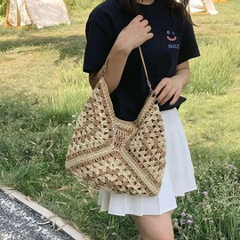 Ladies Straw Shoulder Bag Straw Messenger Bag For Women Summer Beach Bag Large Fashion Shoulder Bag Straw Bag Hand-woven Handbags for Work Beach Trip Vacation (Brown)
