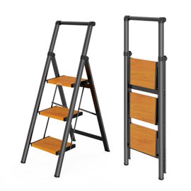 WOA WOA 3 Step Ladder, Kitchen Step Stool with Handrail for Adults, Folding Ladder for Home, Lightweight Household Stepladder, Wide Steps, Non-Slip Feet, Hold 330 lbs - Black&Wood Grain