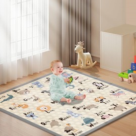 Baby Play Mat for Floor, 50x50 Playpen Mat, Soft Portable, Non-Slip Crawling Mat Machine Washable Foldable Playmate for Babies,Toddlers, Infants Indoor/Outdoor Use, Alphabet & Animal Design