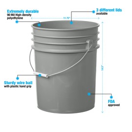 Consolidated Plastics 5 Gallon Food Grade Buckets with Easy Peel Lids (3 Pack) BPA Free Container Storage, Durable HDPE Pails, Made in USA (Gray)