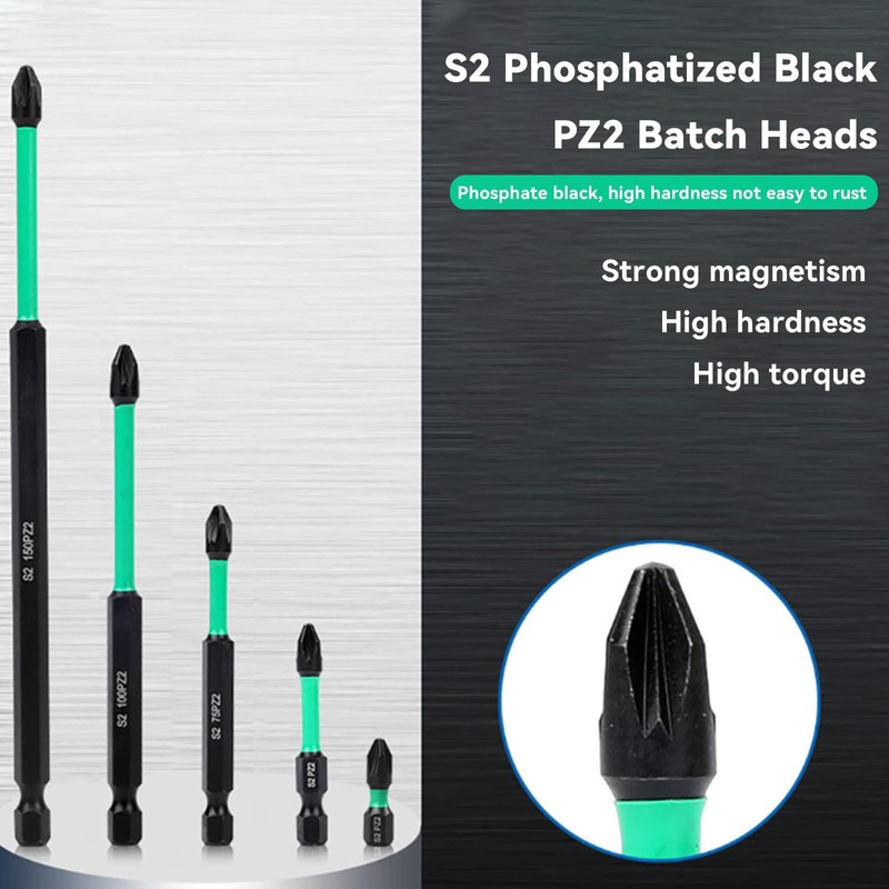 Xiciki PZ2 Schlagschrauber-Bits, robust, lange Bohrer-Bits, S2-Stahl, magnetisch, PZ2-Bits, schwarz