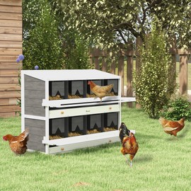 PawHut Chicken Nesting Box, Wooden Roll Out Lay Nesting Boxes for 16-32 Chickens, with 8 Compartments, 2 Egg Collection Trays, 4 Perches, for Chicken Coop, Chicken Run, Gray