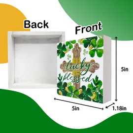Uruney St Patricks Day Christian Wooden Box Sign Decor, Religious Cross Lucky Shamrock Clover Decorative Square Wood Sign, Spring Irish Farmhouse Tiered Tray Shelf Table Home Decoration 5 x 5 Inch