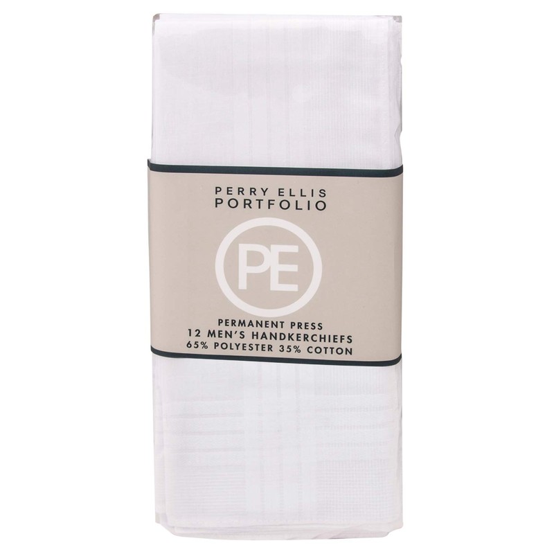 Perry Ellis 12 Pack Handkerchief (Permanent Press White with Satin