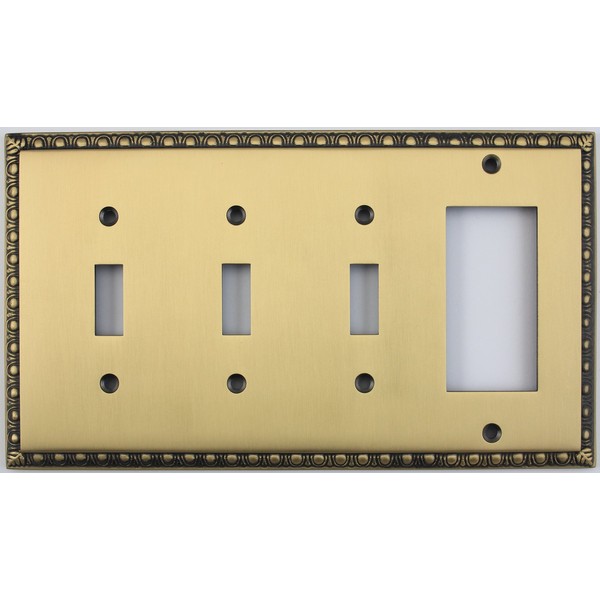 Egg & Dart Antique Brass 4 Gang Combo Switch Plate - 3 Toggle Light Switches 1 GFI Outlet/Rocker Switch