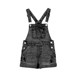 WDIRARA Girl's Ripped Denim Bib Overalls Sleeveless Jean Romper Stretchy Short Jumpsuit with Pockets Black 8Y