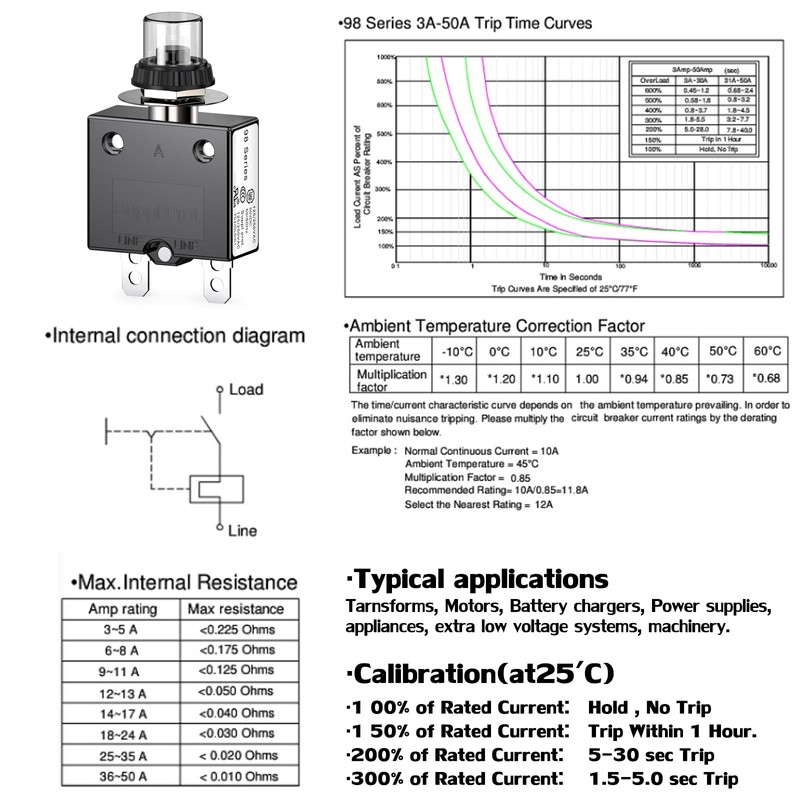 DIYhz Interruptor de Circuito Térmico, 10A, Botón Manual, Reinicio Automático,