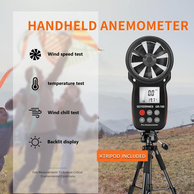 Handheld Anemometer with Tripod, Digital Wind Speed Meter for Air