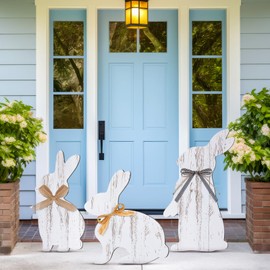 Vercraft 3 Pcs Outdoor Easter Decorations for Porch Large Wooden Easter Bunny Porch Sign Rustic Farmhouse Bunny Standing Sign Party Spring Decor for Front Door Yard Garden 15.8, 15.5, 13.4 Inch