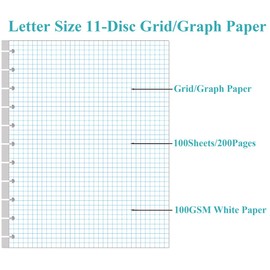 A4 TUL Discbound Grid Filler Paper - 11 Disc Graph Paper, Letter Size 100Sheets / 200Pages Loose-Leaf Paper, 100gsm White Paper, 8.5'' x 11''