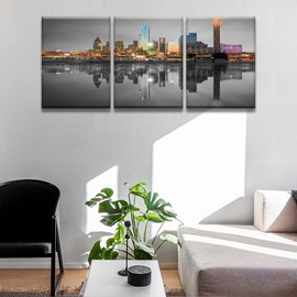 Black and White Wall Art Dallas Texas Skyscrapers and Skyline Pictures Cityscape Wall Painting City Wall Art 3 Panel Native American Wall Art for Living Room Wooden Framed Ready to Hang 12X16X3INCH