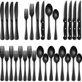 EWFEN 24-Piece Silverware Set with Steak Knives, Food-Grade Stainless Steel Tableware Cutlery Set for 4, Mirror Finished Flatware Utensil for Home Restaurant Black
