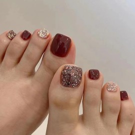 AkiliBIELY Bling Brown Press on Toenails for Women Glitter Classy Fantasy Toe Press on Nails Sparkly Cute Full Cover Toe Nail Press ons Pretty Elegant Fake Toe Nails for Wedding Birthday