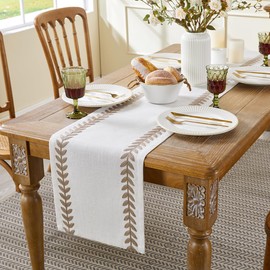Wracra Embroidered Fall Table Runner Irregular Willow Leaf Table Runners 90 Inches Long for Dresser Home Dining Table Decor,14 x 90 Inch, Taupe