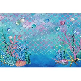 Canessioa Under The Sea Mermaid Scales Backdrop for Kid Girl Birthday Party Baby Shower Blue Scales Sea Water Seagrass Starfish Shell Photography Backdrop Photography Props 7x5ft (210x150cm)