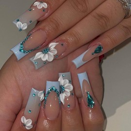 Hkanlre Press on Long Nails Square Blue Fake Nails Tips Full Cover False Gradient 3D Flower Nails for Women and Girls 24PCS