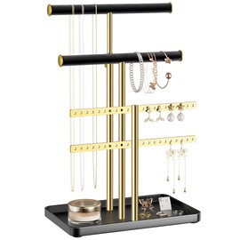 pickpiff Jewelry Holder Organizer with Velvet, Adjustable 10"-17" Tall, Metal Stand for Display Bracelet, Necklace, Earrings, Rings, Black and Gold