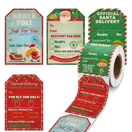 200 Pieces of Vintage Christmas Gift Tags Stickers, 75 * 50MM Christmas Paper Tag, Christmas Presents Label for Decoration （Dark Color）