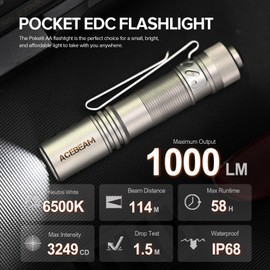ACEBEAM Pokelit AA Rechargeable Mini Flashlight with Clip, 1000 High Lumens Pocket EDC Flashlight, Super Bright Small Flashlight, Led Flashlight for Camping,Hiking,Everyday Use, Titanium Alloy Natural