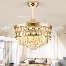 48" Fandelier Ceiling Fan with Light, Chandelier Fan, Retractable Crystal Ceiling Fan Dimmable LED, 3 Color Temperatures, 6 Speeds, for Bedroom & Living Room
