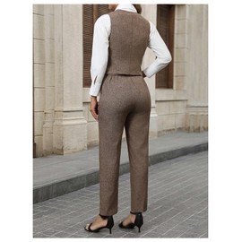 SOLY HUX Women's 2 Piece Outfits V Neck Button Down Sleeveless Blazer Vest and Pants Work Office Set Khaki Large