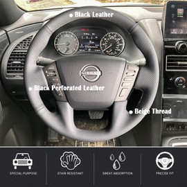 Steering Wheel Cover Hand-Stitch on Black Leather Protector Wrap for Nissan Frontier 2022-2025 Nissan Armada/Nissan NV Cargo/Nissan Titan/Patrol 2013-2022 Infiniti QX80 2014-2022