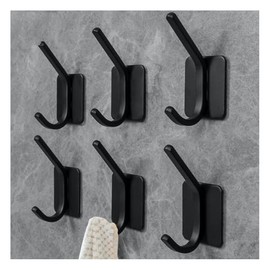 Matte Black Towel Hooks - Strong Self Adhesive Coat/Clothes Hooks,No Drilling Sticky Hooks,Heavy Duty Shower Wall Hooks for Bathroom Kitchen Bedroom,Easy Installation Hanger Hooks For Rube(6 Pack)