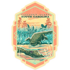Die Cut Sticker Daufuskie Island, South Carolina, Vintage Print Press, Alligator, Vinyl Sticker 1 to 3 inches (Waterproof Decal for Cars, Water Bottles, Laptops, Coolers), Small