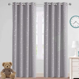 PrinceDeco Blackout Kids Curtains for Bedroom Thermal Insulated Silver Twinkle Star Curtains for Boys Antique Grommet Top Window Treatment 2 Panels Drapes for Nursery (52" W x 84" L, Grey/Silver)