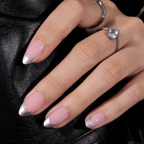 French Tip Press On Nails - BTArtbox 32 PCS Almond Fake Nails, Fit Perfectly & Natural Reusable Silver Outline Soft Gel Nails with Nail Glue and Jelly Glue in 16 Sizes, Rock Me