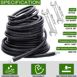 WEST BAY Sewer Jetter Kit 25 FT for Pressure Washer, 5800 PSI Drain Cleaner Hose 1/4 Inch NPT Corner Rotating and Button Nose Sewer Jetting Nozzle Spanner WatertightTape Pearl Corsage Pin