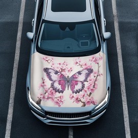 Qiyupavto Pink Flower Butterfly Car Hood Cover, Stretch Polyester Car Hood Protector Snowproof Automotive Accessories for Most Vehicle Sedans SUVs Trucks Vans