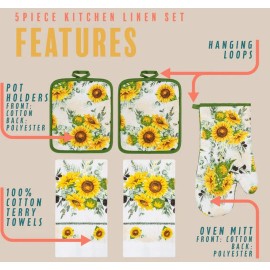 Premius 5pc Kitchen Set: 2 Jumbo Pot Holders, 1 Oven Mitt & 2 Towels, SUNFLOWERS,Pre